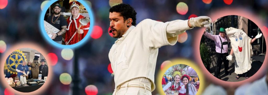 Bad Bunny with overlay images of four different mascots. Mascot Marketing