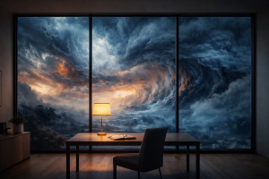 Staying focused when the world is unraveling. A desk with a chaotic world outside the window