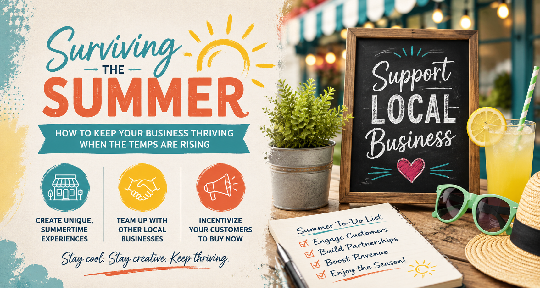 small business marketing tips for the summer, including creating unique experiences, teaming up with local businesses, and creating incentives for your customers to buy now.