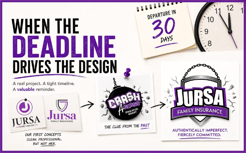 three different iterations of the Jursa Family Insurance logo with a reference to a past logo designed for Shannan Jursa's "Crash A Class" Educator Grant