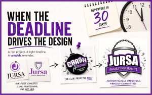 three different iterations of the Jursa Family Insurance logo with a reference to a past logo designed for Shannan Jursa's "Crash A Class" Educator Grant