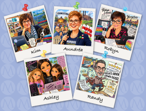 AI Caricatures of Kim, Aundrea, Robyn, Ashley, and Randy, MARQUEE employees