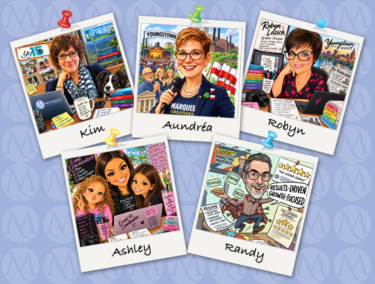 AI Caricatures of Kim, Aundrea, Robyn, Ashley, and Randy, MARQUEE employees